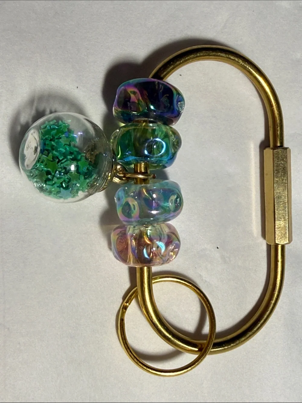 Gold Tone Carabiner Keyring with Iridescent Acrylic Beads and Green Glitter Orb